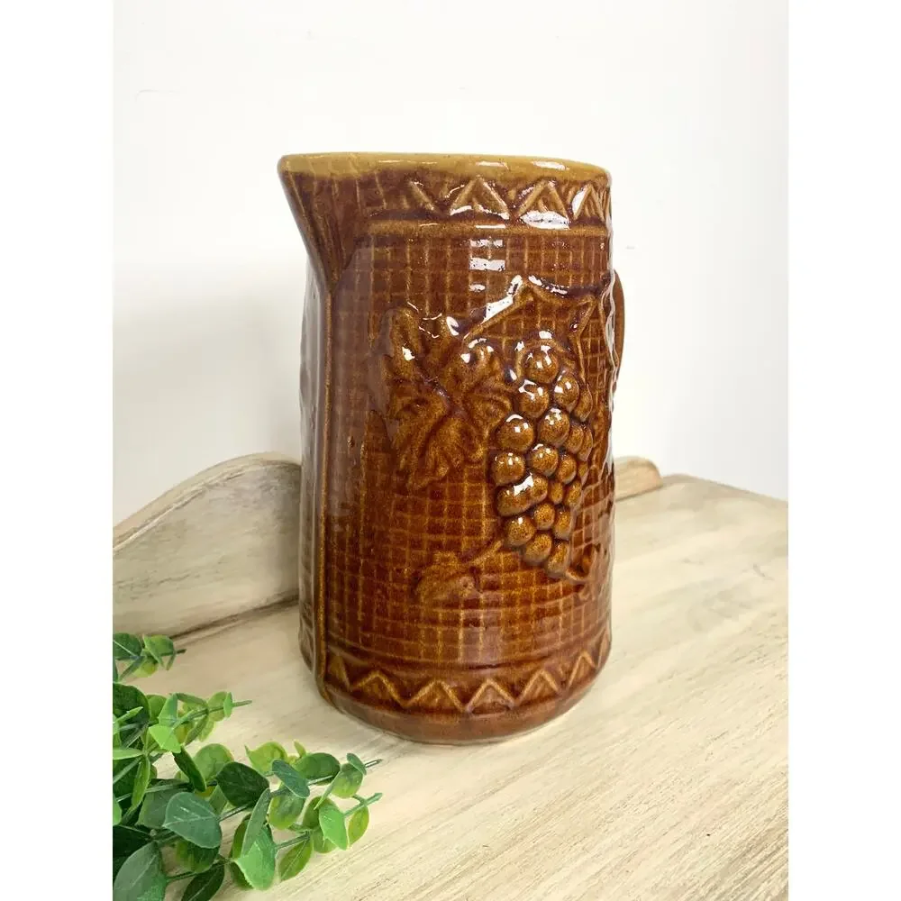 Antique North Star Stoneware Pitcher Brown Glaze Jug Vase Rustic Cottagecore